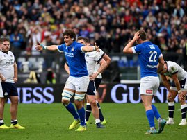 Italy's lock Andrea Zambonin (C) celebrates after winning the Six Nations rugby union international match between Italy and Scotland