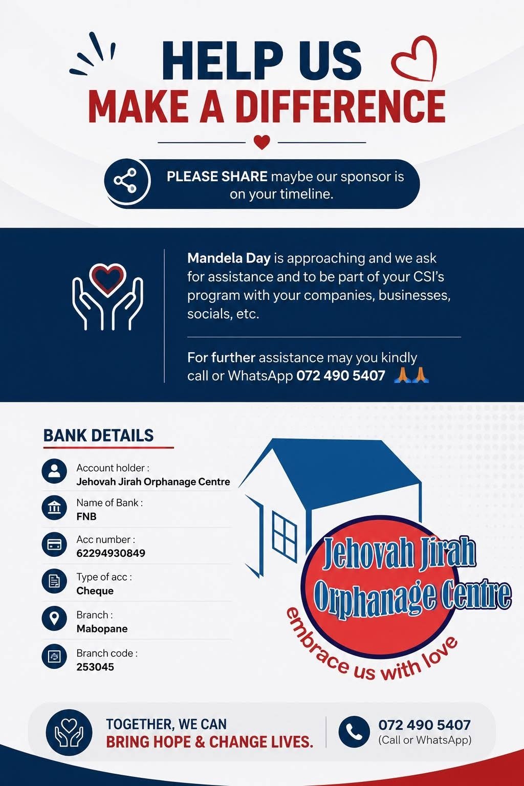 Jehovah Jirah Orphanage Centre financial support details