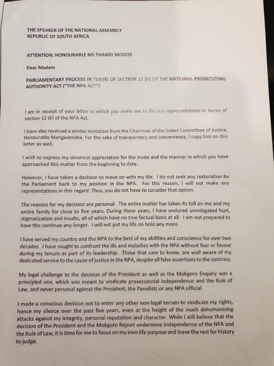 Nomgcobo Jiba letter to parly 1