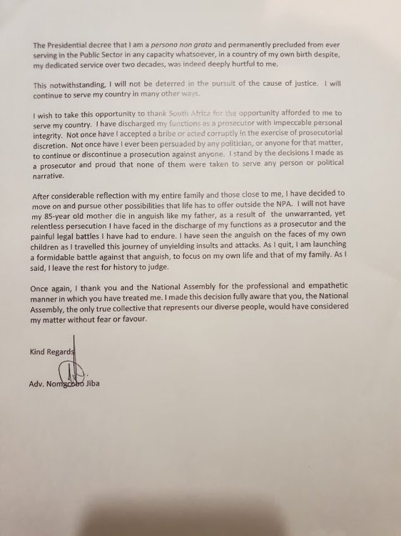 Nomgcobo Jiba letter to parly 2