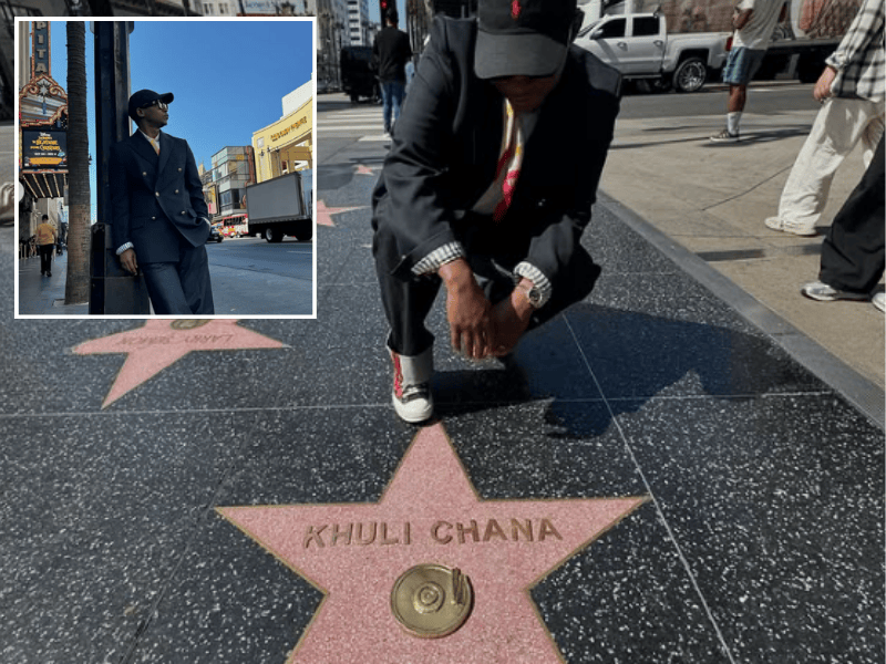 Khuli Chana kneels down in front of his alleged Hollywood star