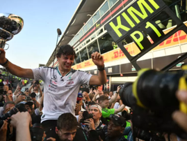 Kimi Antonelli celebrates with with his Mercedes team
