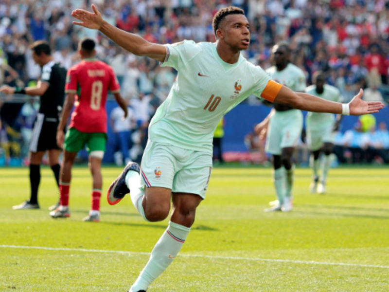 Kylian Mbappe after scoring at the FIFA world cup