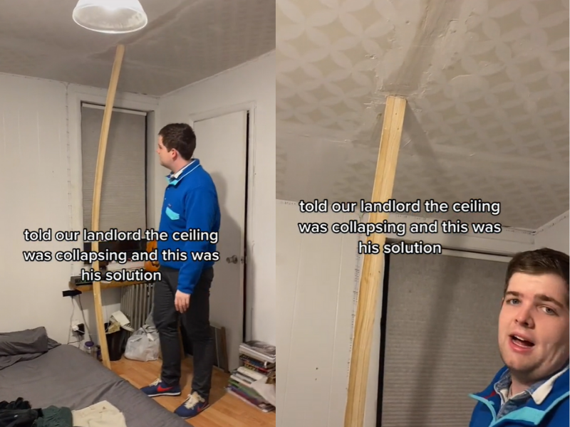 WATCH: A temporary solution for a collapsing ceiling puts this landlord in the TikTok hotseat
