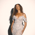 Leona Lewis wearing an off the shoulder evening gown