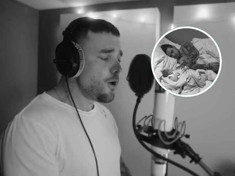 Black and white picture of Liam Payne singing in a studio