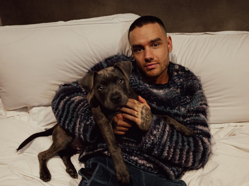 Liam Payne cuddling a dog on a white sofa