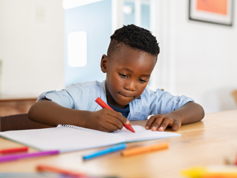 Little boy drawing in his notebook at home