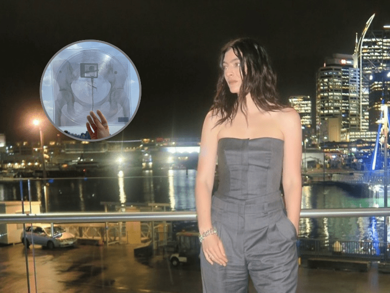 Lorde poses outdoors at night with city buildings in the background