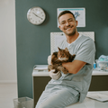 Male vet holds a cat in veterinary office