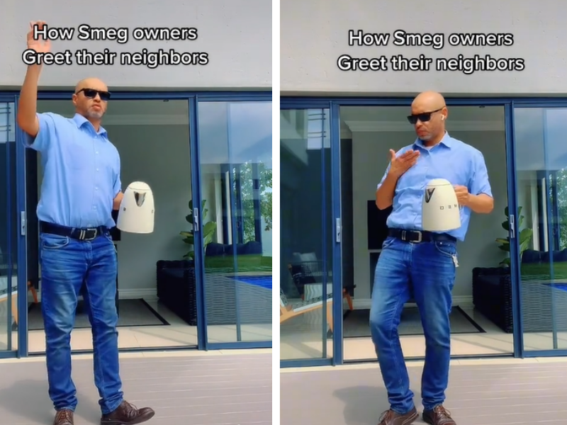 Man dancing with Smeg kettle in his hand