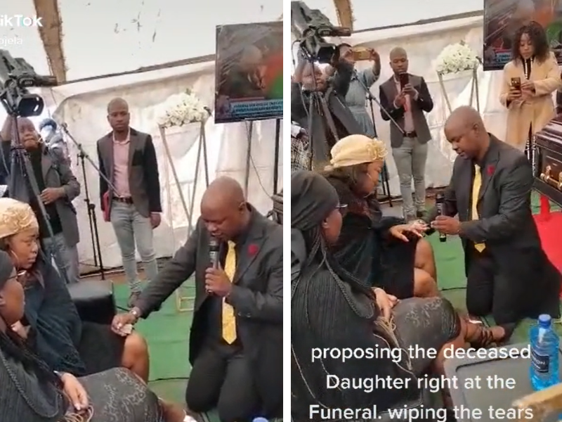 Man kneeling down on knee and proposing at woman's father's funeral