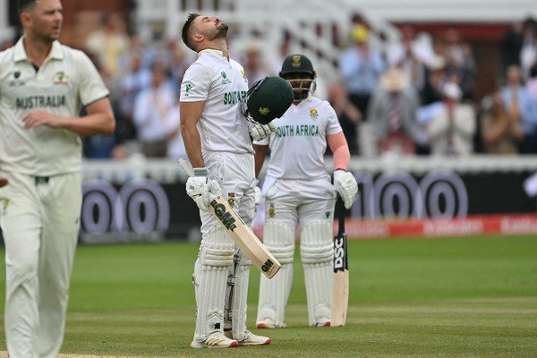 South Africa's Aiden Markram reacts after reaching his century on day three of the ICC World Test Championship cricket final match between Australia and South Africa
