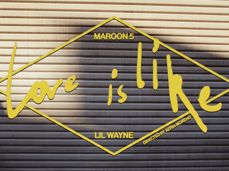 Sectional garage door with Maroon 5 Love Is Like text in yellow
