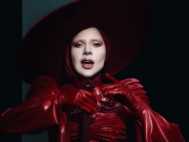 Lady Gaga wearing a full red leather outfit