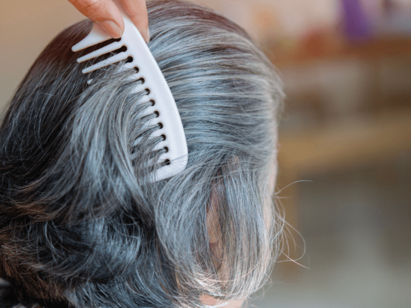 Back view of grey haired woman