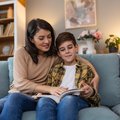 Mother reading book to son in living room