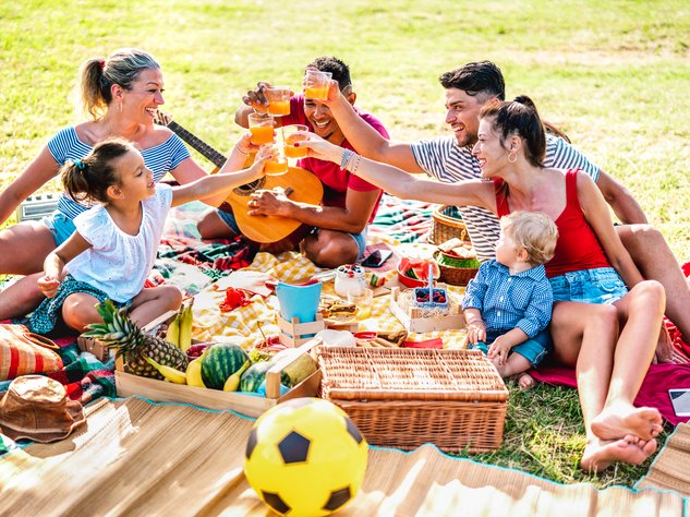 Multiracial families having fun together with kids at picnic
