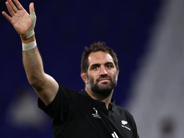 New Zealand lock Samuel Whitelock celebrates his 150th cap and record 23rd in the World Cup