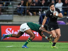 New Zealand’s Billy Proctor is tackled during the Rugby Championship Test match between New Zealand’s All Blacks and South Africa’s Springboks