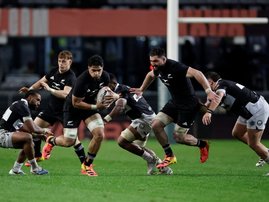 New Zealand's number eight Wallace Sititi runs with the ball during a rugby union tour match between The Sharks and New Zealand