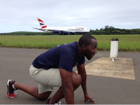 On your mark - Mak gets ready to sprint against the A380.JPG