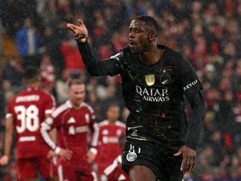 PSG forward Ousmane Dembele scores against Liverpool in Champions League