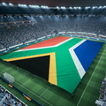Soccer stadium with South Africa flag spread across the pitch