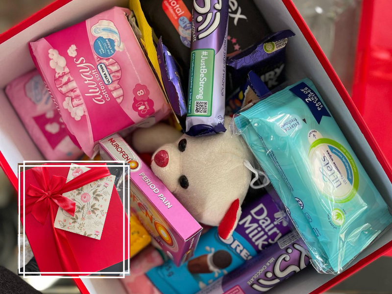 Period care package box with goodies inside