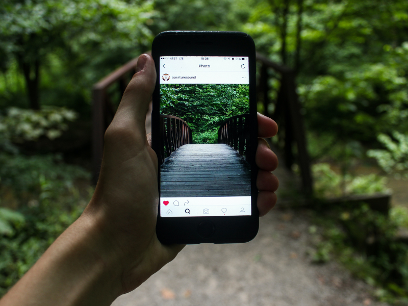 Person holding smartphone taking picture of bridge