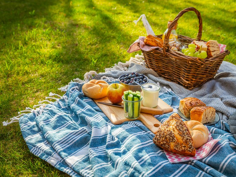 Picnic duvet and basket with different food, fruits, orange juice
