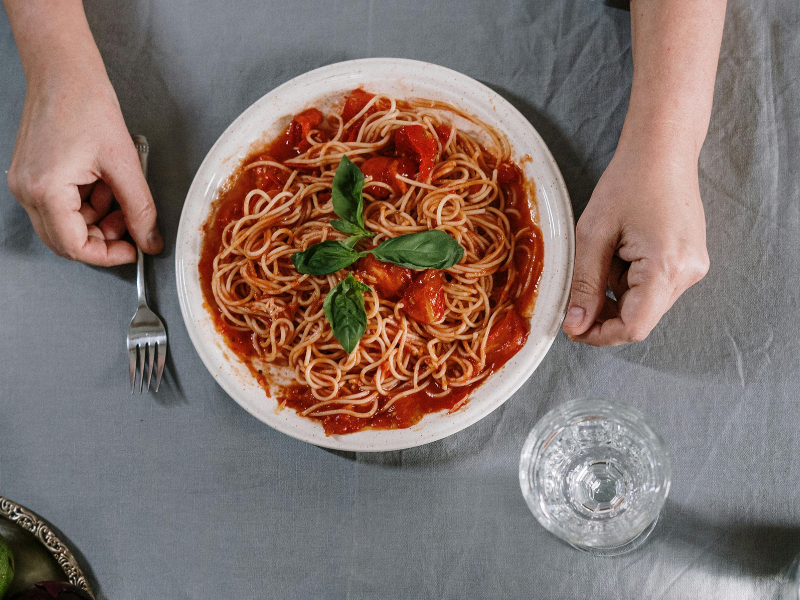 Plate of spaghetti on a table