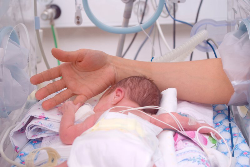 Hand of the physician and newborn in incubator