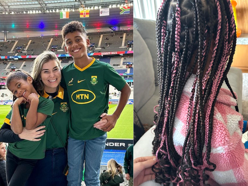 Rachel Kolisi and her children wearing Springbok jerseys
