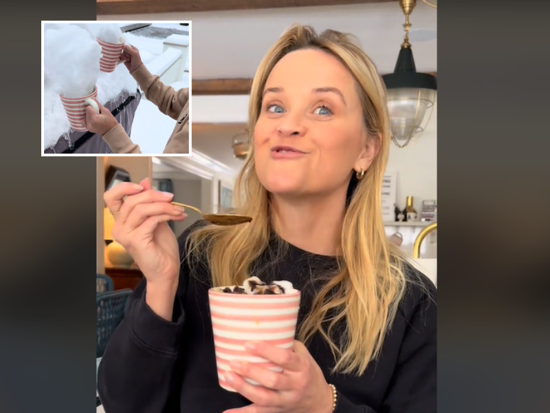 Reese Witherspoon enjoying a coffee beverage made with snow