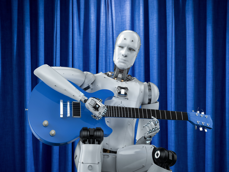 Robot playing a blue guitar/