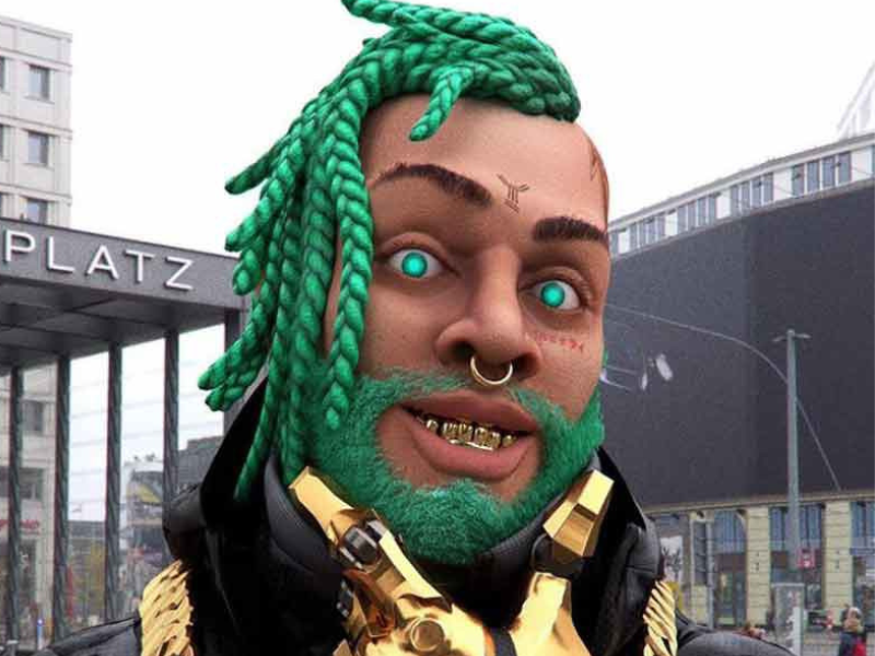 Robot rapper posing for a photo