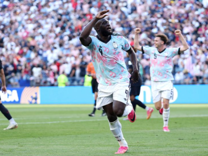 Romelu Lukaku of Belgium celebrates scoring