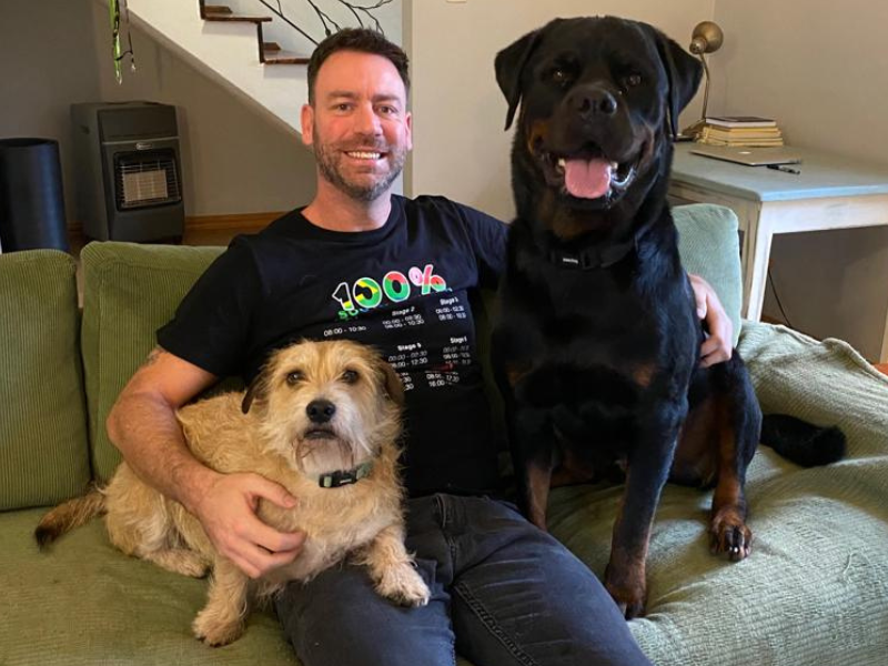 Rory Petzer with his dogs Pongo and Benson