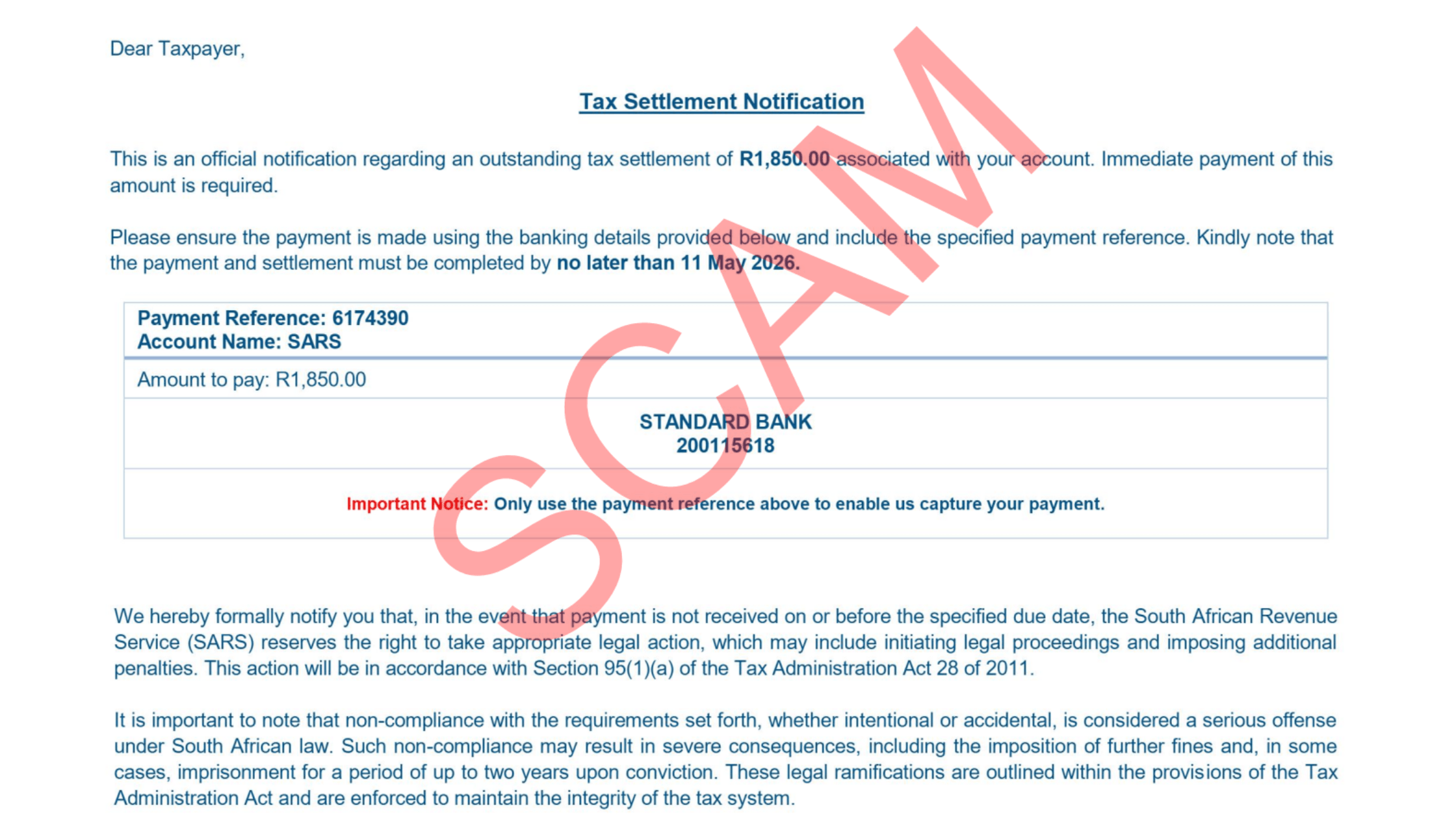 SARS settlement notification scam