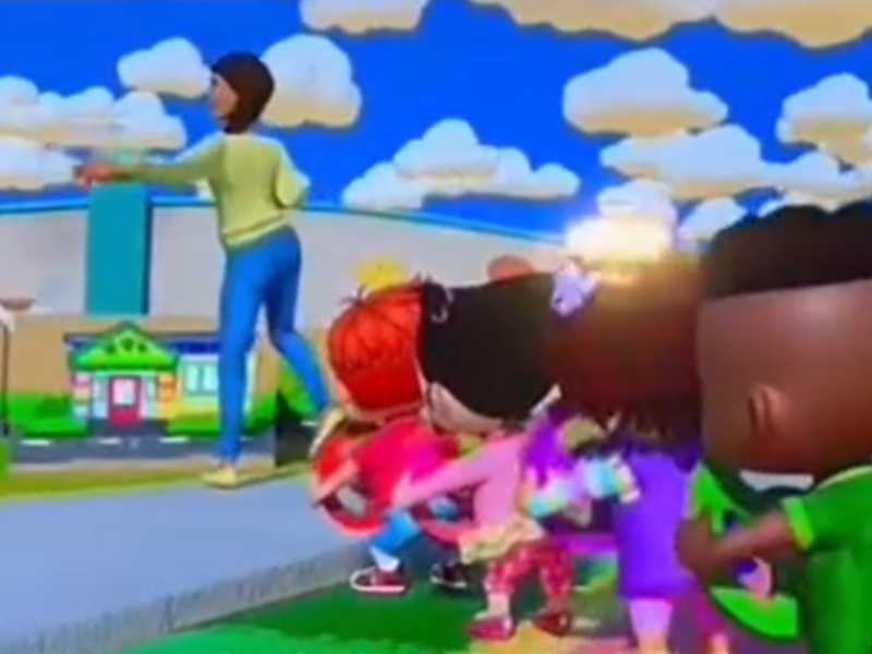 Scene from CoComelon showing teacher with kids lined up