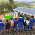 School children looking at newly installed toilets