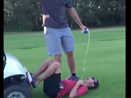 Friends create beer body surfing game while golfing
