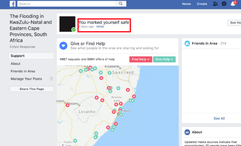 Crisis Response Facebook screenshot: The Flooding in KwaZulu-Natal and Eastern Cape Provinces, South Africa