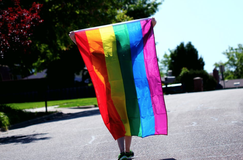 Person Walking while Holding Rainbow Colored Flag / Pexels