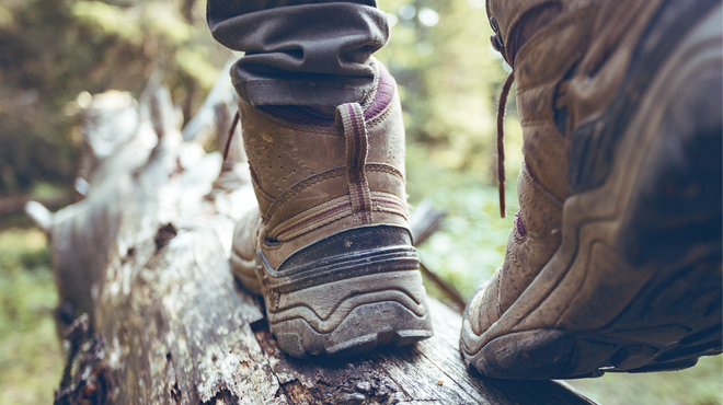 hiking boots close-up. girl tourist steps on a log"n