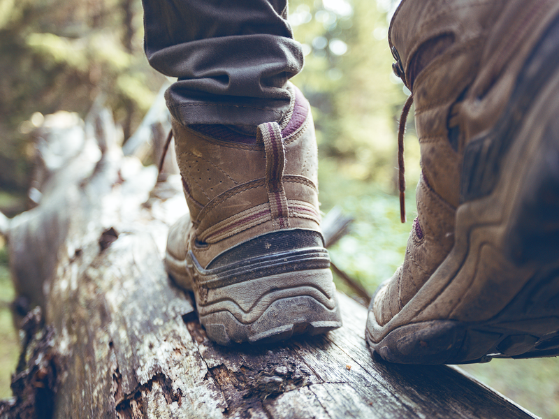 hiking boots close-up. girl tourist steps on a log"n