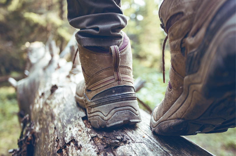 hiking boots close-up. girl tourist steps on a log"n