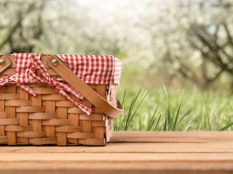 Picnic basket on the table Summer mood. relaxation. holiday stock photo