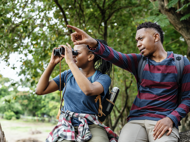 Couple sight seeing with binoculars in the forest